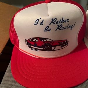 RARE VINTAGE Mac’s Caps I’d Rather Be Racing Trucker Hat Cap Mesh Car Graphic